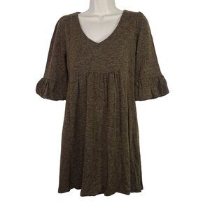 OB2-12 Brown Sweater Knit Dress Women Size S V-Neck Bell Sleeves Winter Fall